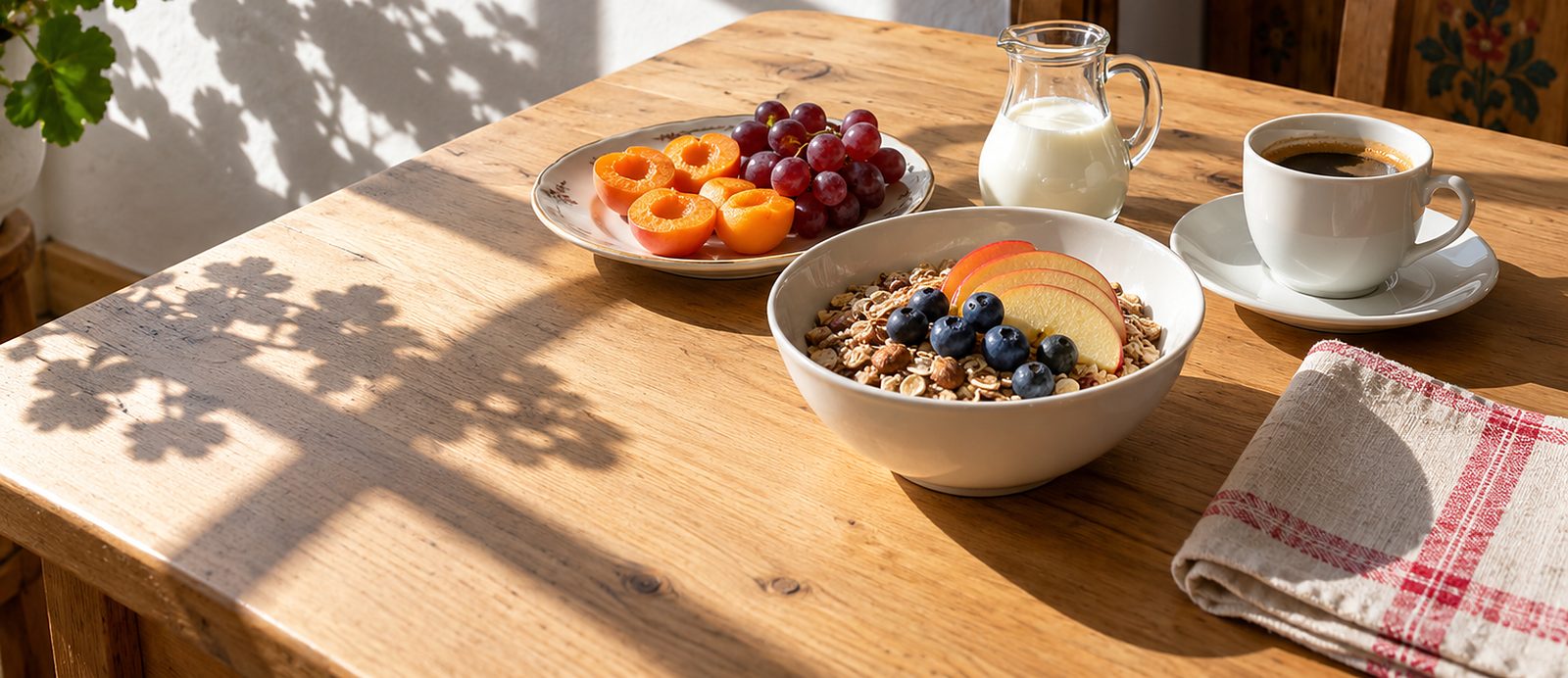 Frühstück im Morgenlicht: Müsli mit Heidelbeeren und Apfel, Aprikosen und Trauben, Milch und Kaffee auf einem Holztisch